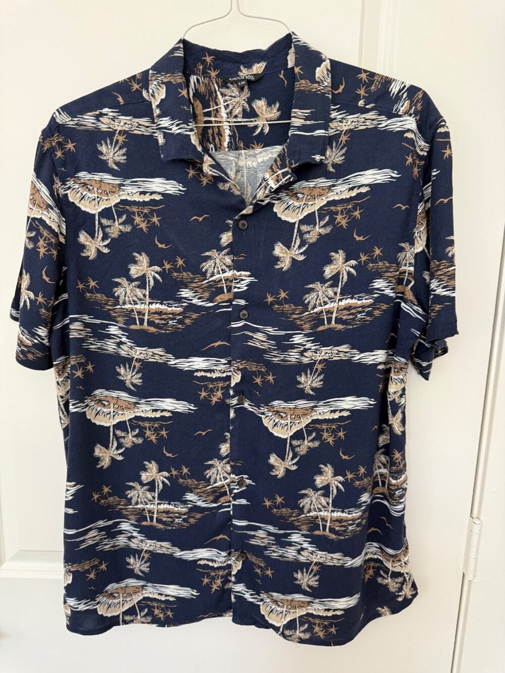Men's George Button Down Short Sleeve Size Large Hawaiian Print Navy Tan Beach
